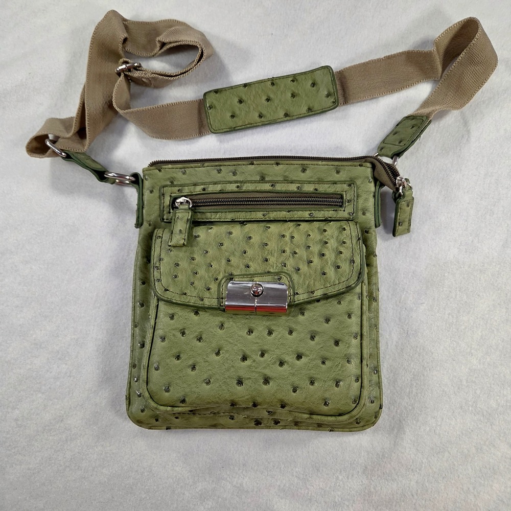 Alba Est 1984 Green Ostrich Embossed Crossbody Messenger  Pink Lining Y2k Boho